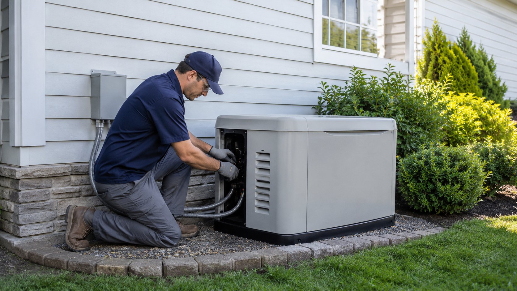 Electrician working on standby generator installation in Melbourne, FL