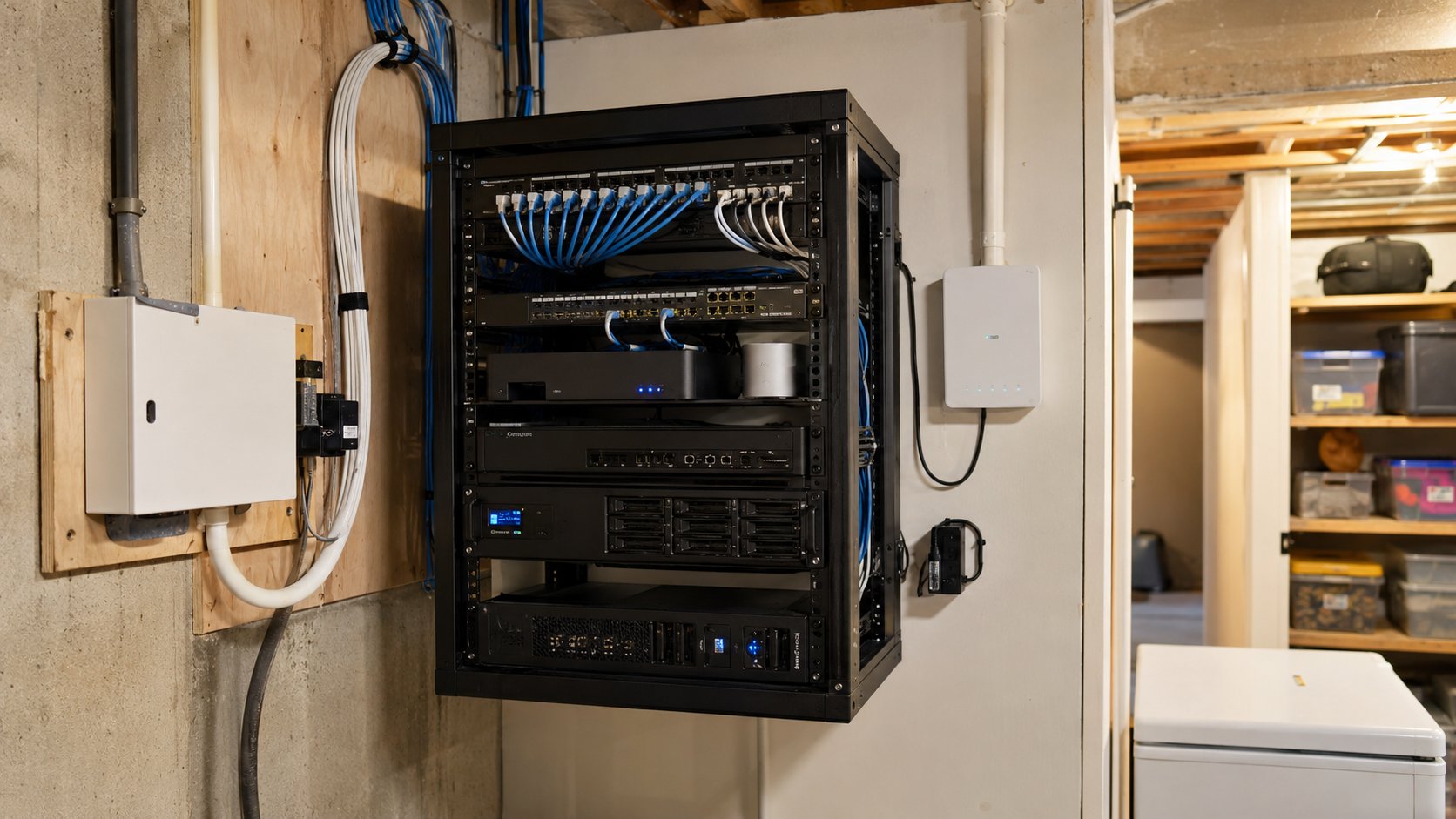 Example residential network rack with organized cabling, switches, patch panel, and wall-mounted access point